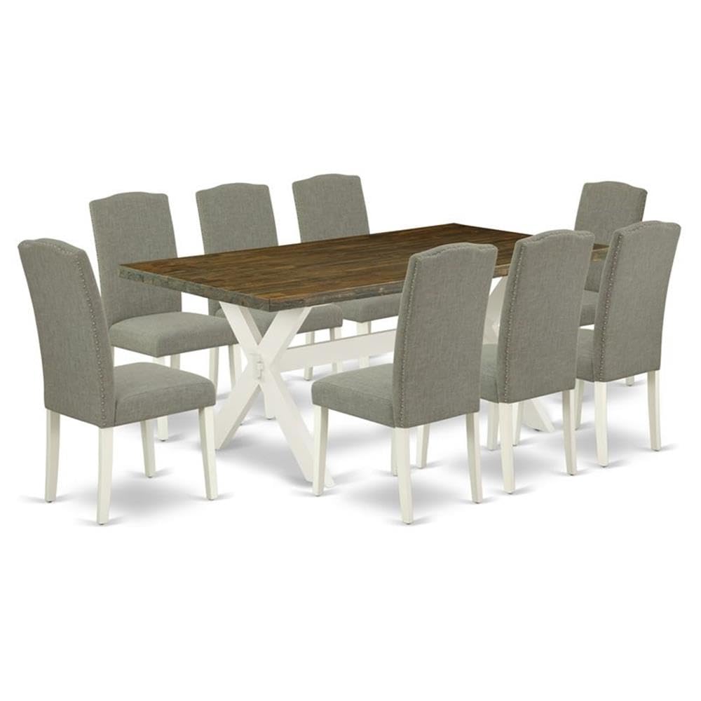East West Furniture X077En206-9 9 Piece Dining Set Includes A Rectangle Dining Room Table With X-Legs And 8 Dark Shitake Linen Fabric Upholstered Parson Chairs, 40X72 Inch, Multi-Color